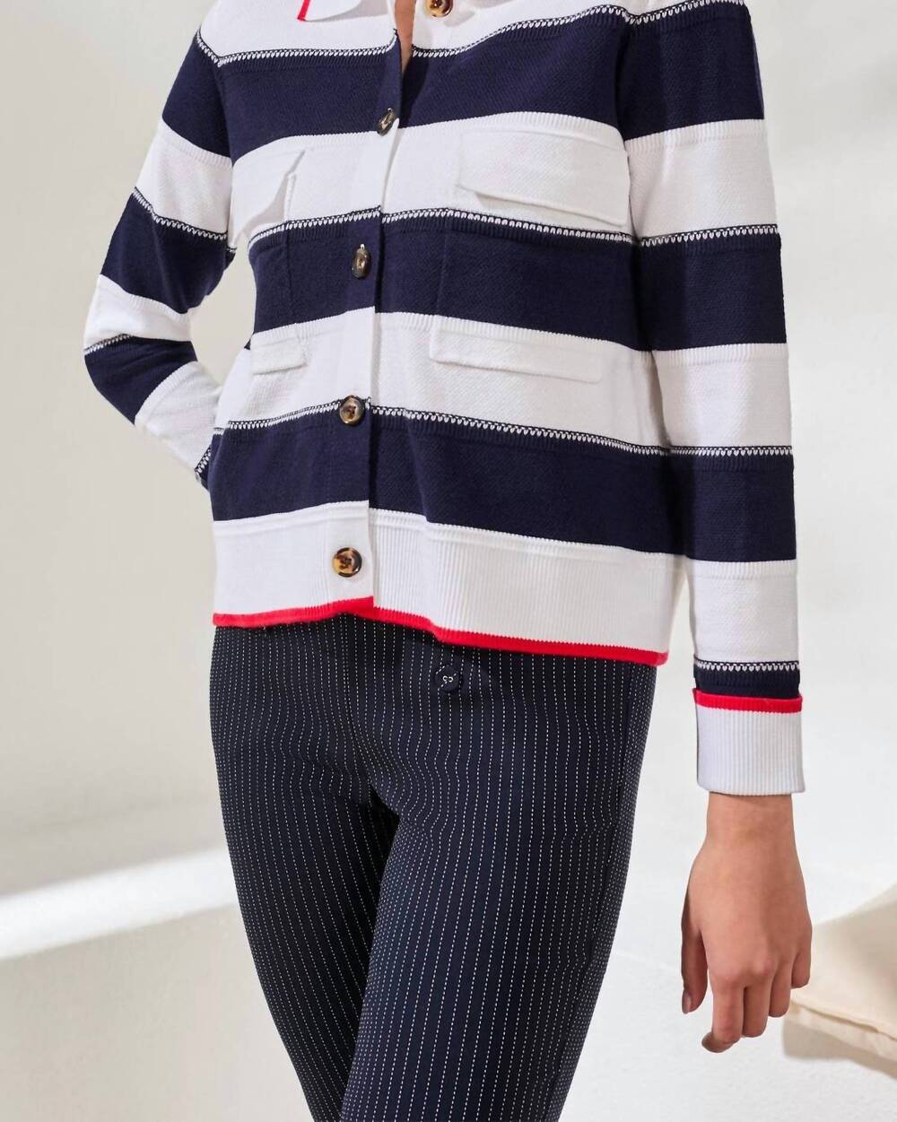 NEW TRIBAL double knit button-front stripe cardigan in jet blue